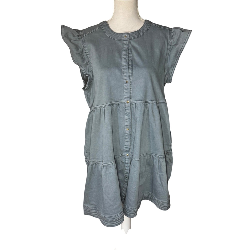 Marie Oliver Neelie Denim Dress Slate Blue Ruffle Sleeve Tiered Mini XL NEW